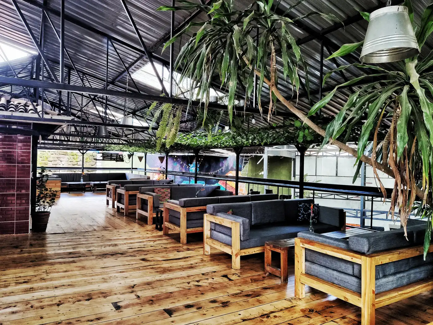 An empty bar terrace with wooden floors, sofas and hanging plants