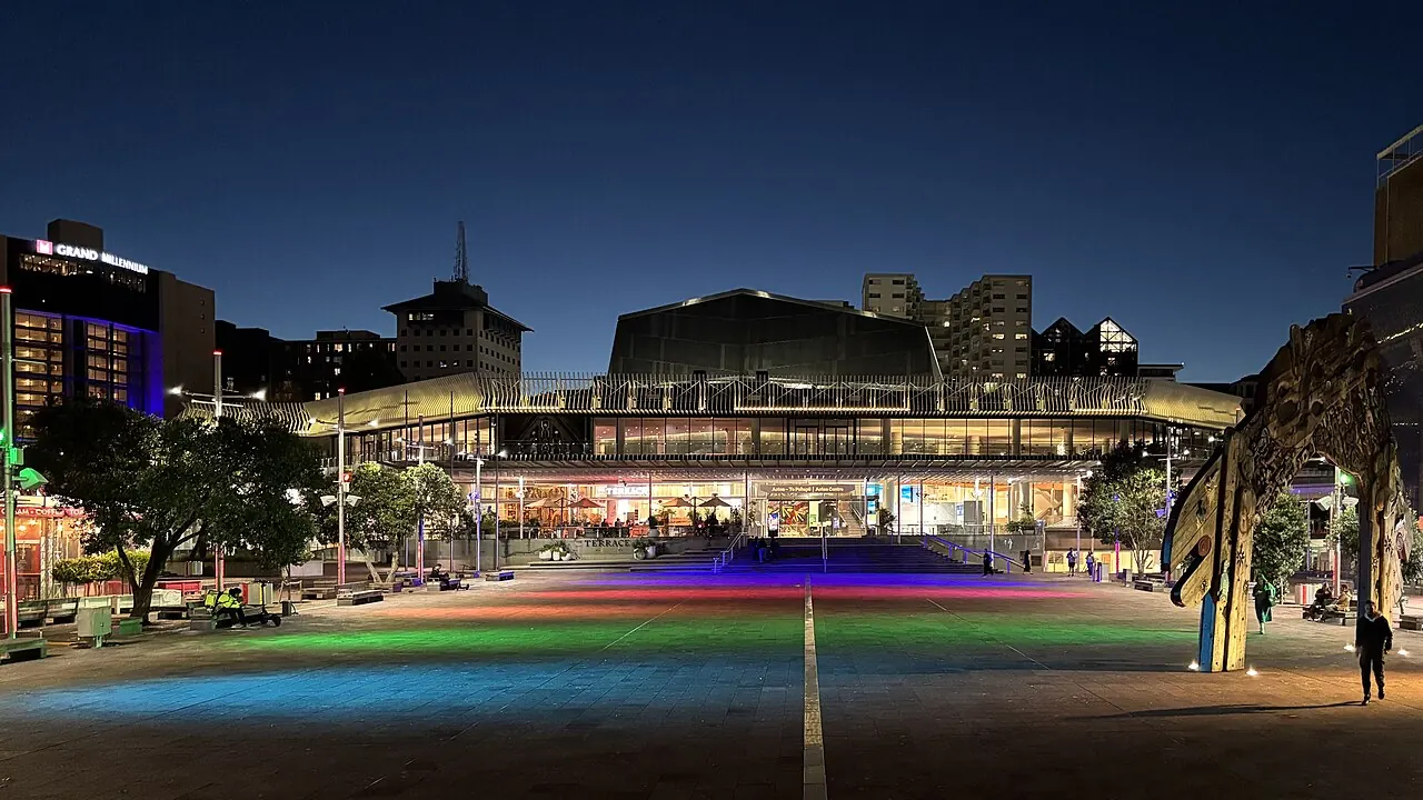 Aotea Square at night with a coloured walkway