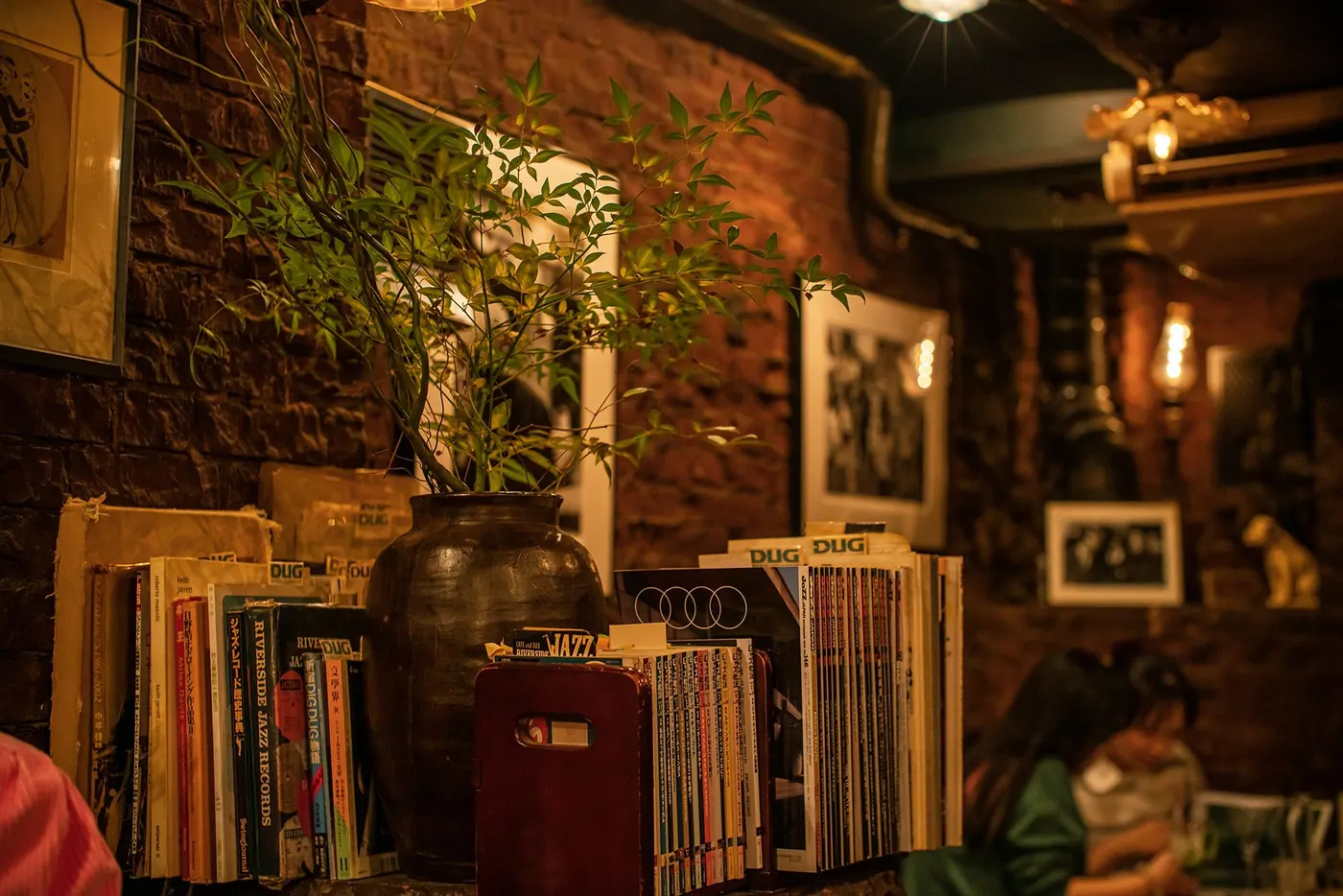A dimly lit room with books and vinyl and a seated listener
