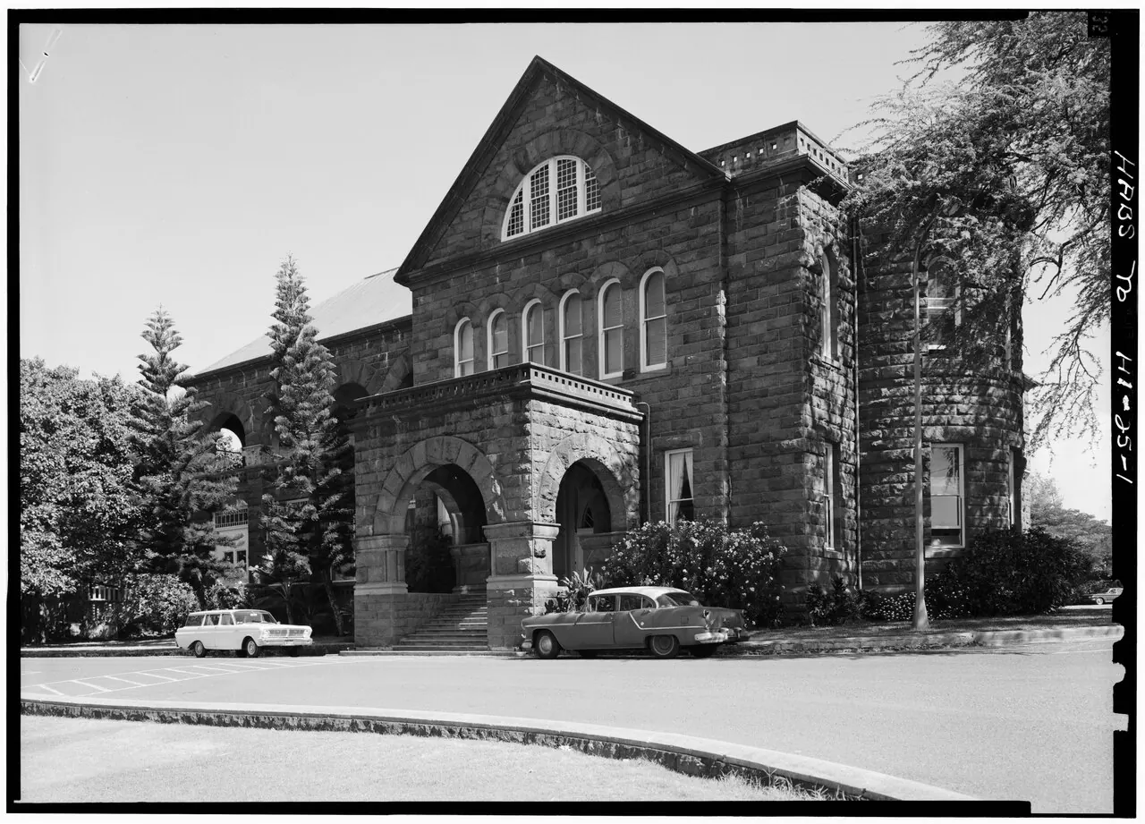 A black-and-white photograph of the museum building