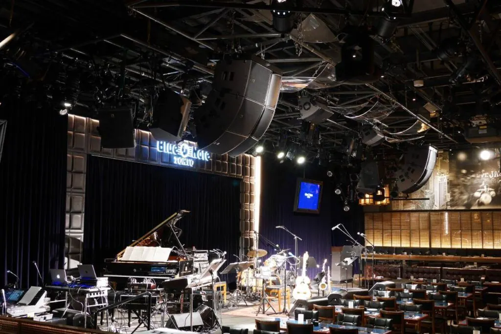 A musician at a piano on the Blue Note stage