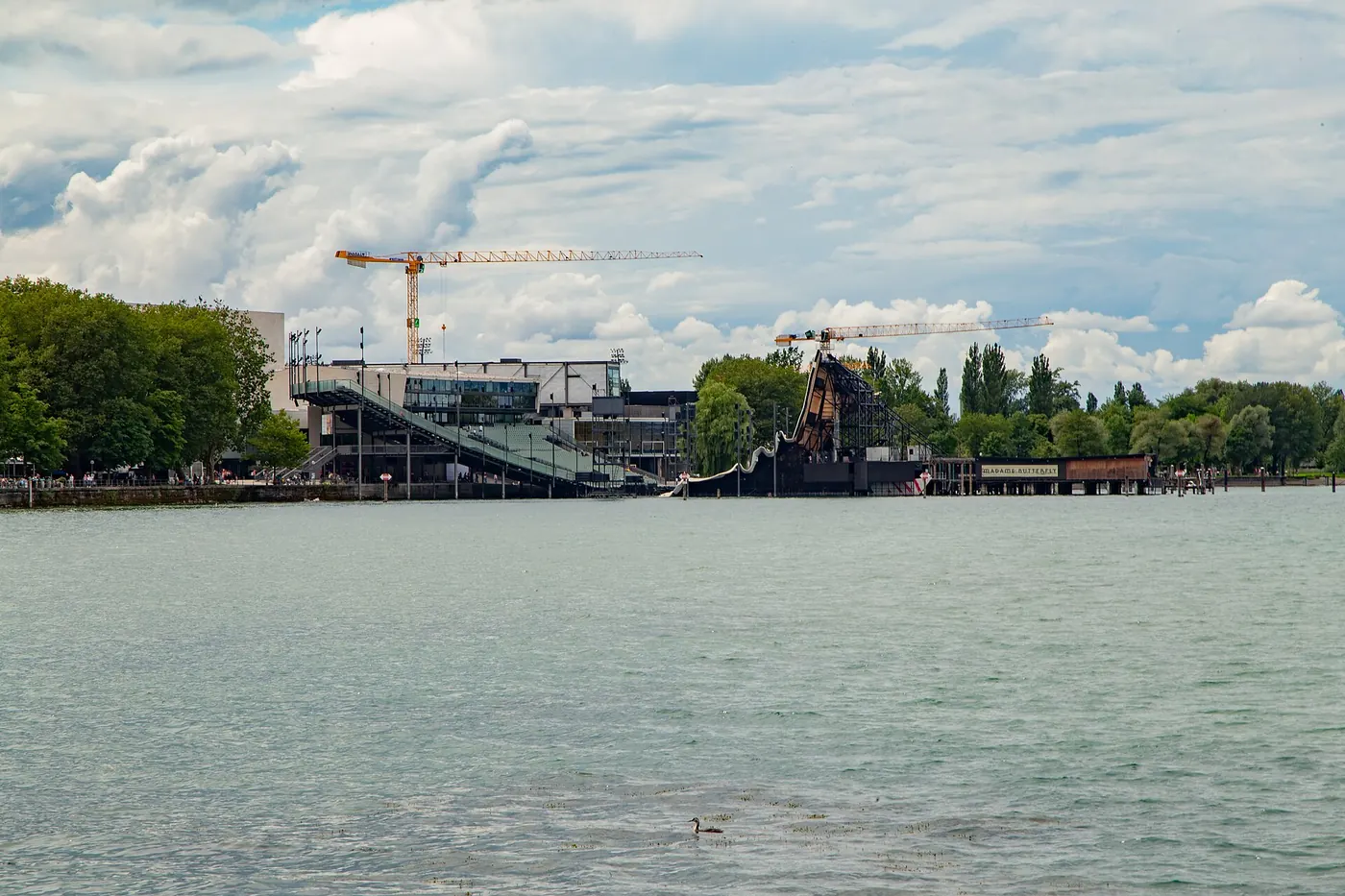 The lake at Bregenz on a grey day with the stage in the distance