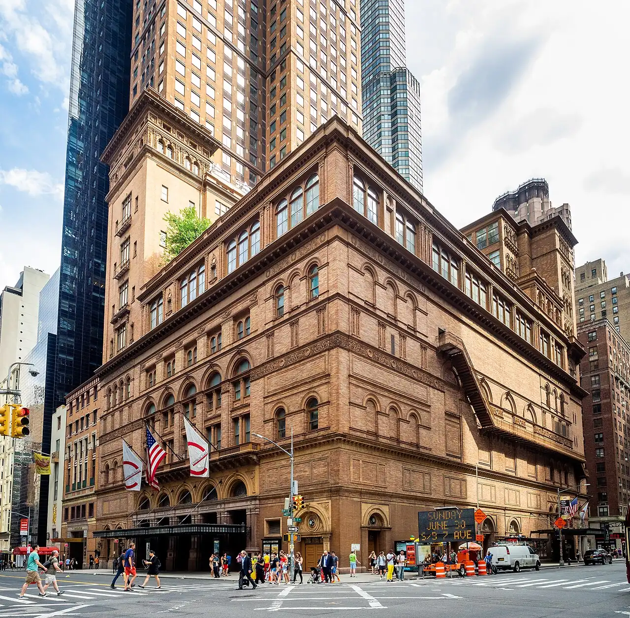 Carnegie Hall's brick facade in sunlight