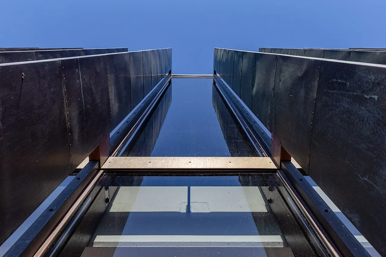 Steel and glass angles of the building against the sky