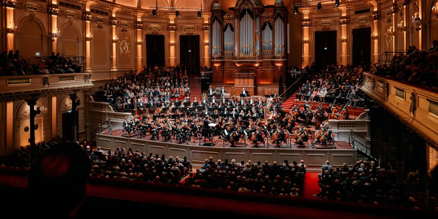An orchestra on stage under the organ in the Concertgebouw Main Hall