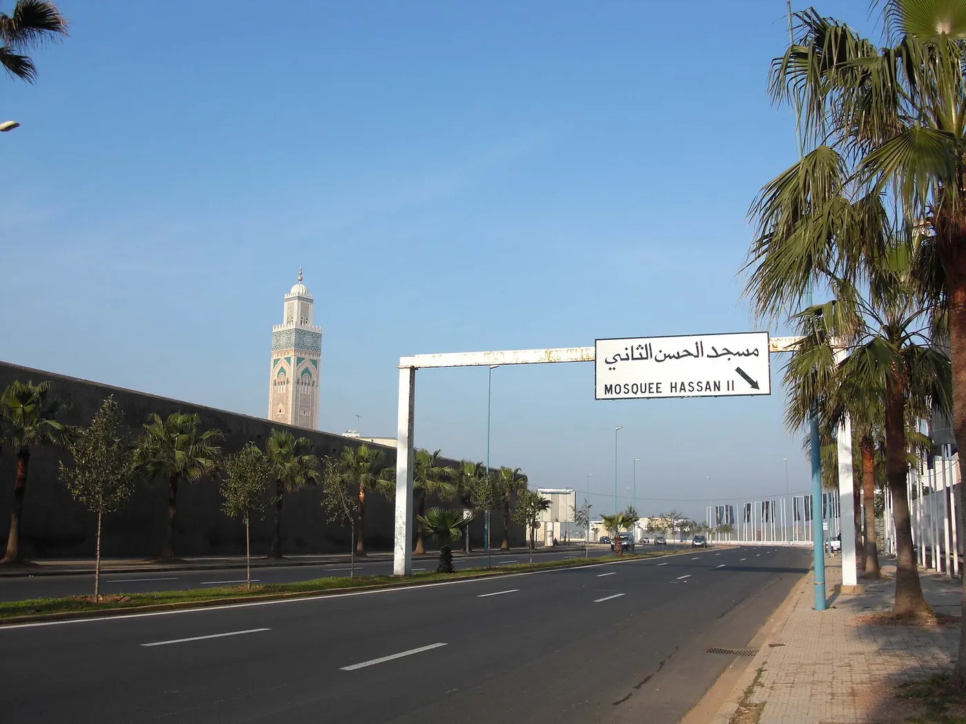 A road with palm trees leading toward the mosque minaret