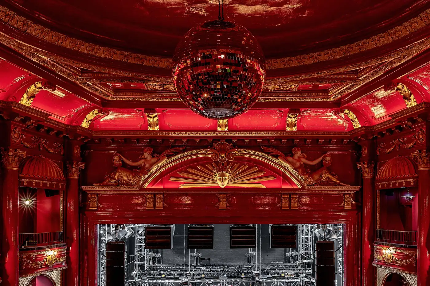 Red velvet and gilded balconies around the KOKO stage