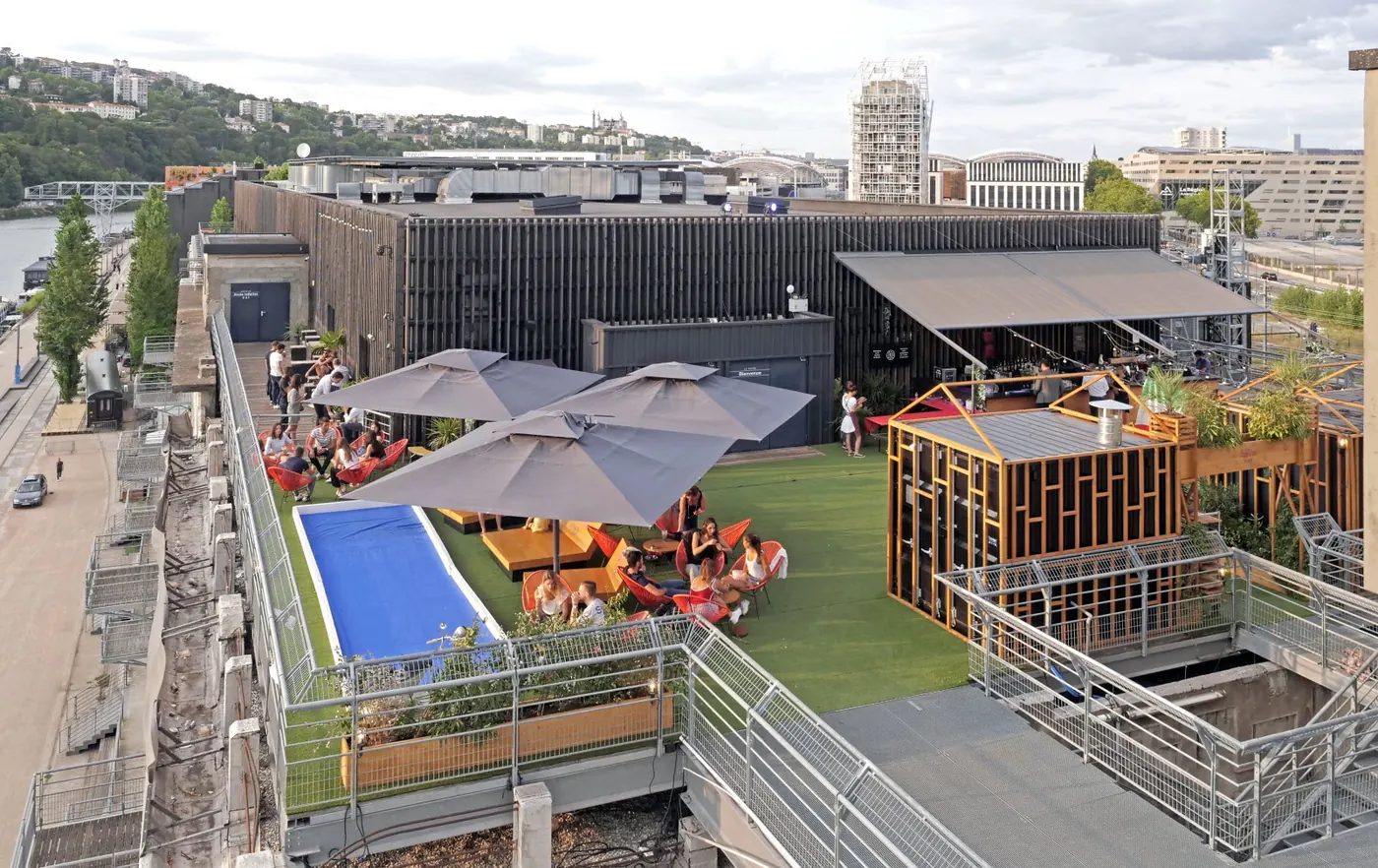 The rooftop terrace and pool seen from above, Le Sucre