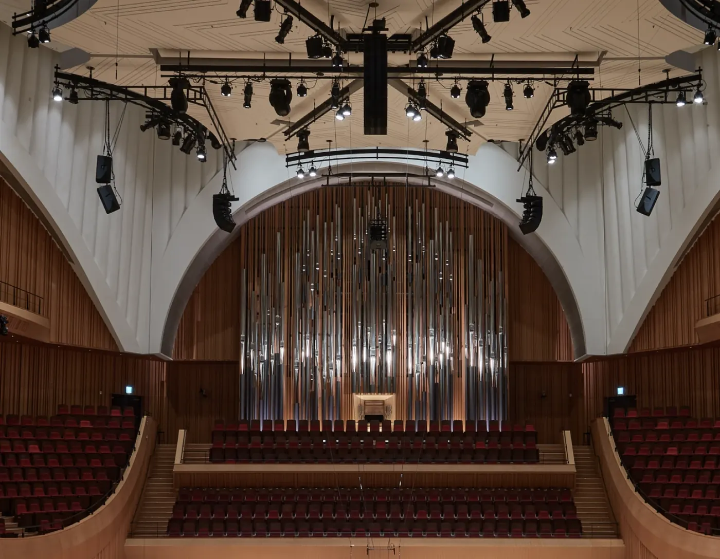 The organ and back wall of the concert hall