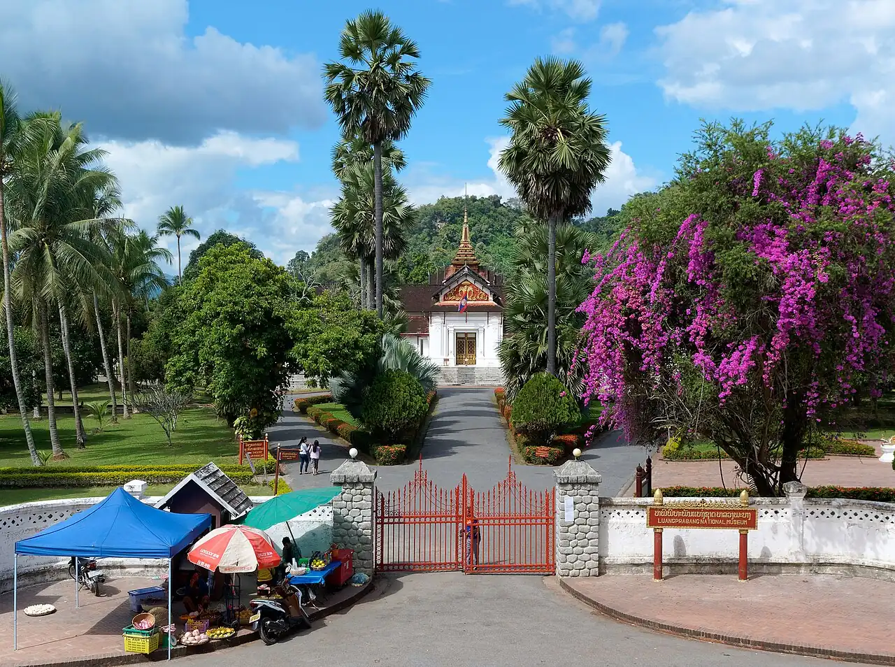 A shaded path with palm trees and bright pink bougainvillea leading to a small temple
