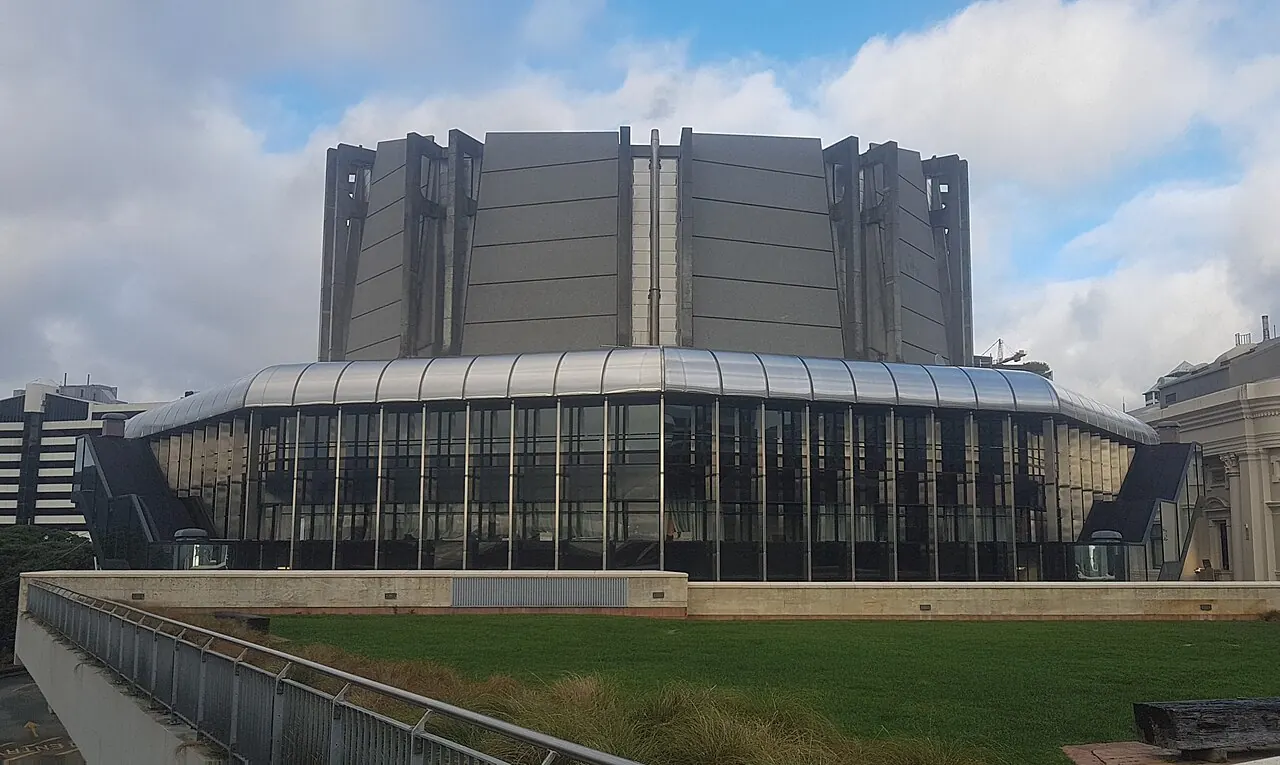 The Michael Fowler Centre and its lawn on a cloudy day