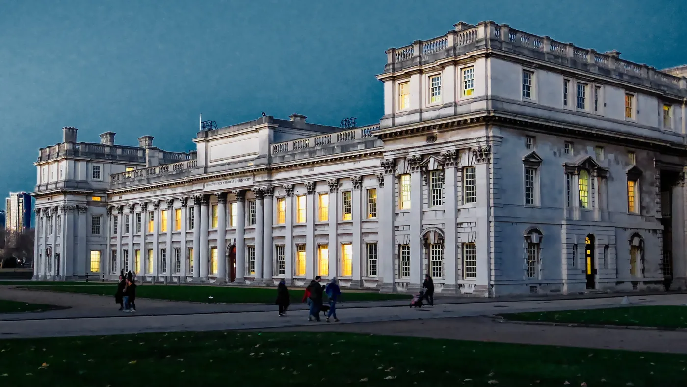 Queen Anne Court at the Old Royal Naval College at dusk