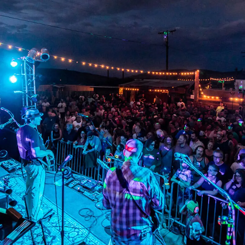A crowd at night under teal stage lights