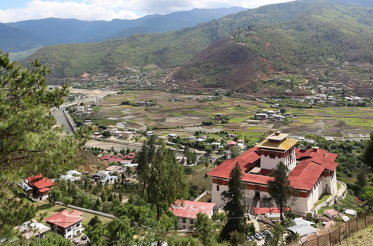 Rooftops and fields in the Paro valley