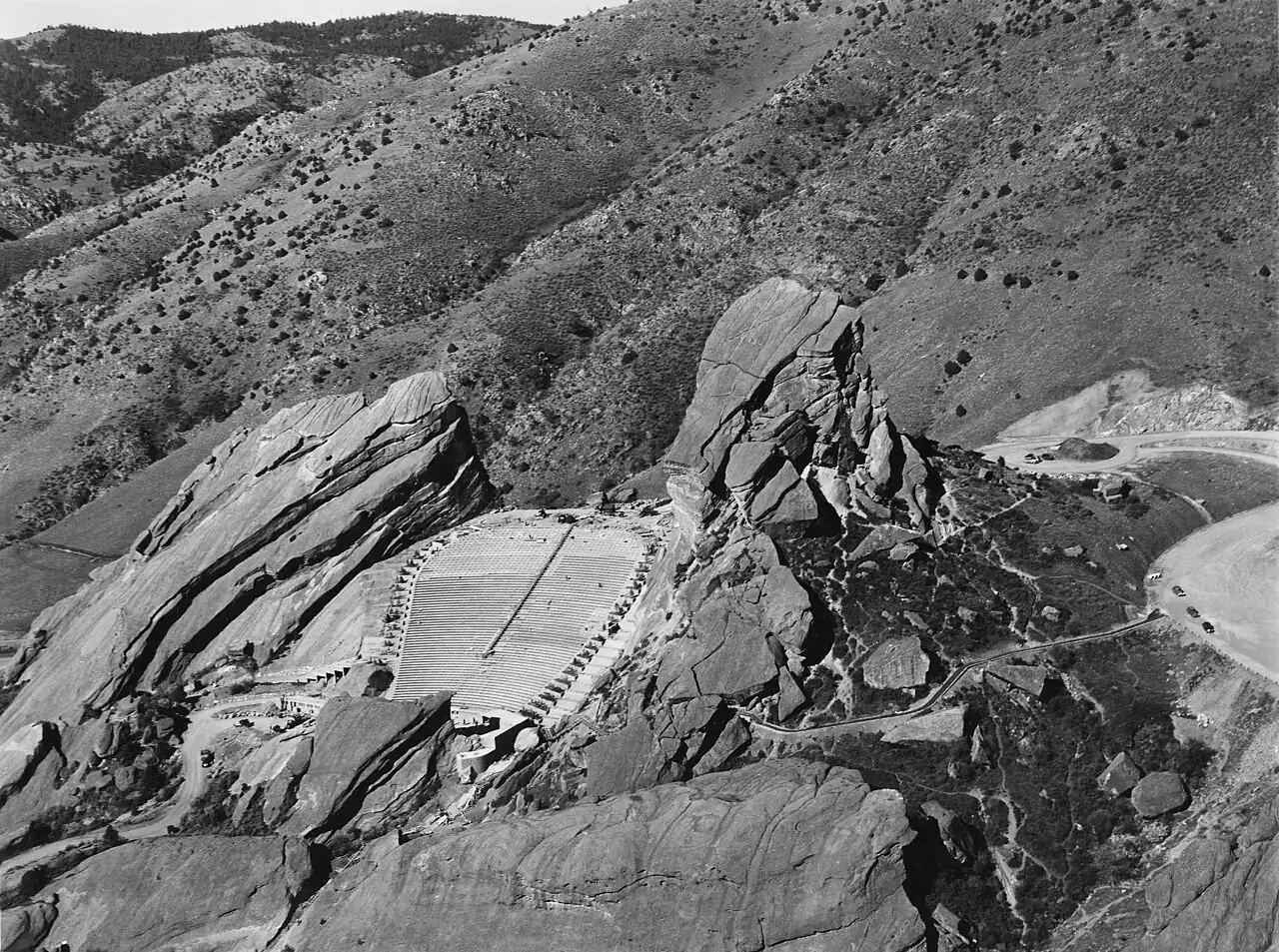 An aerial black-and-white view of the amphitheatre in the rocks