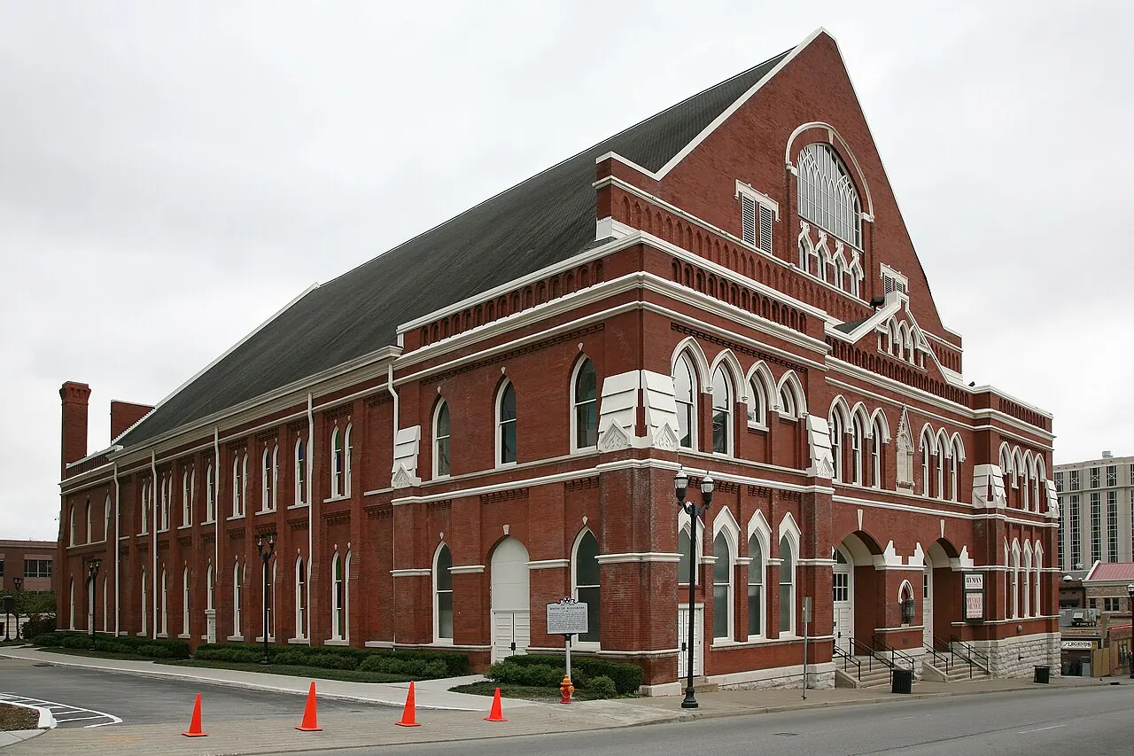 The red-brick Ryman Auditorium with its gabled front