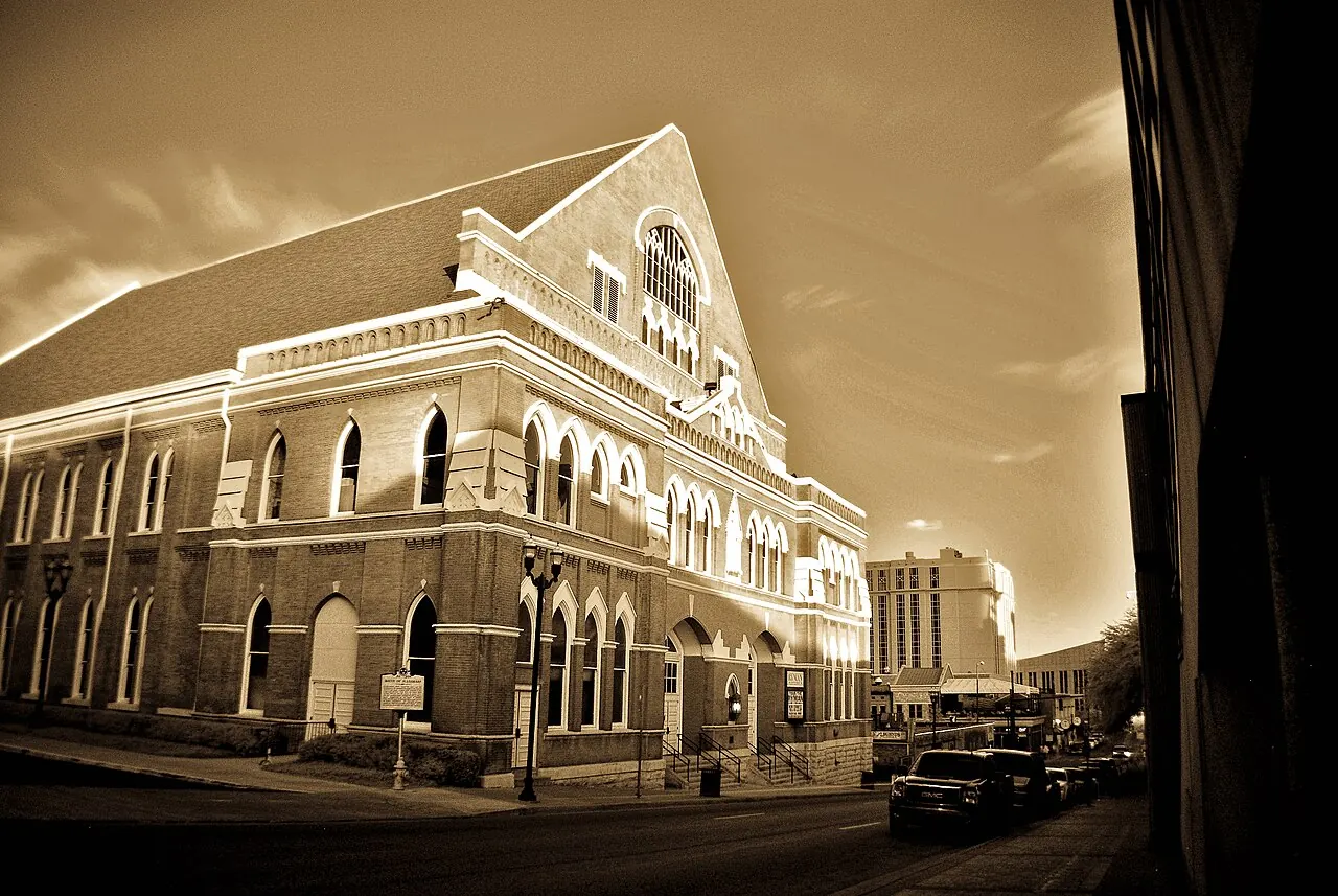 The Ryman in sepia tones on a downtown street