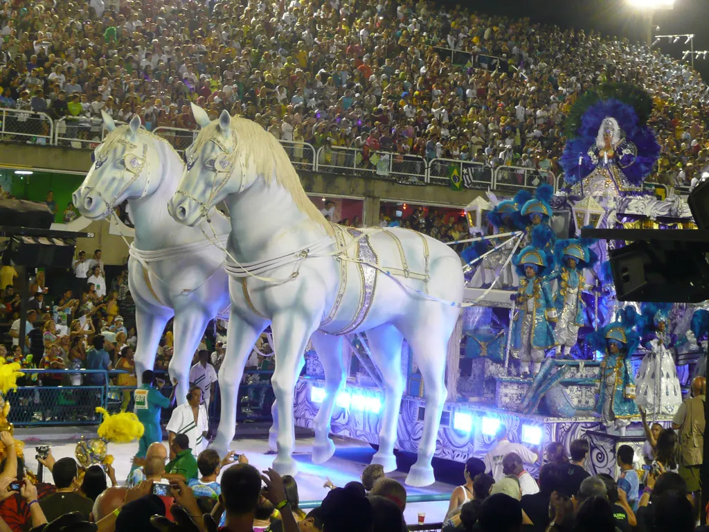 White horse sculptures on a carnival float