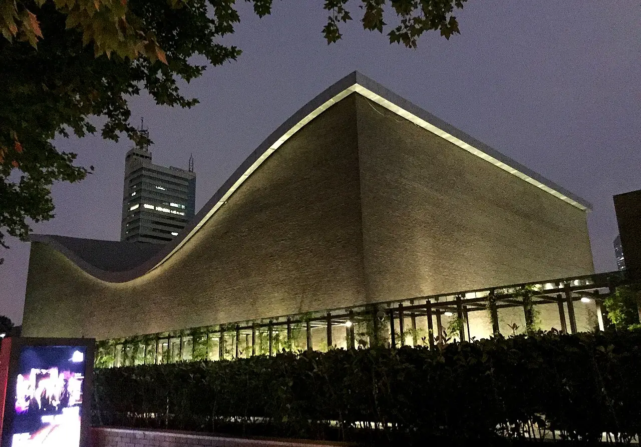 The illuminated roof of the hall at night
