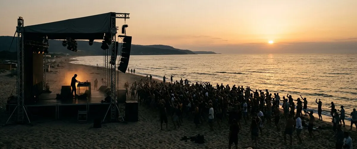 A stage on the beach at sunset with a line of silhouetted people