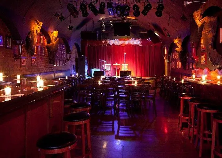 The bar and stage of Terra Blues under red light