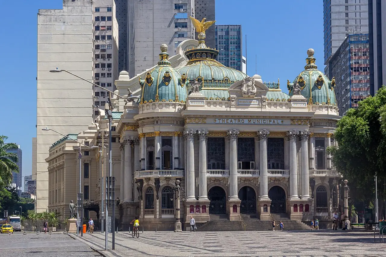 The theatre facade with skyscrapers behind