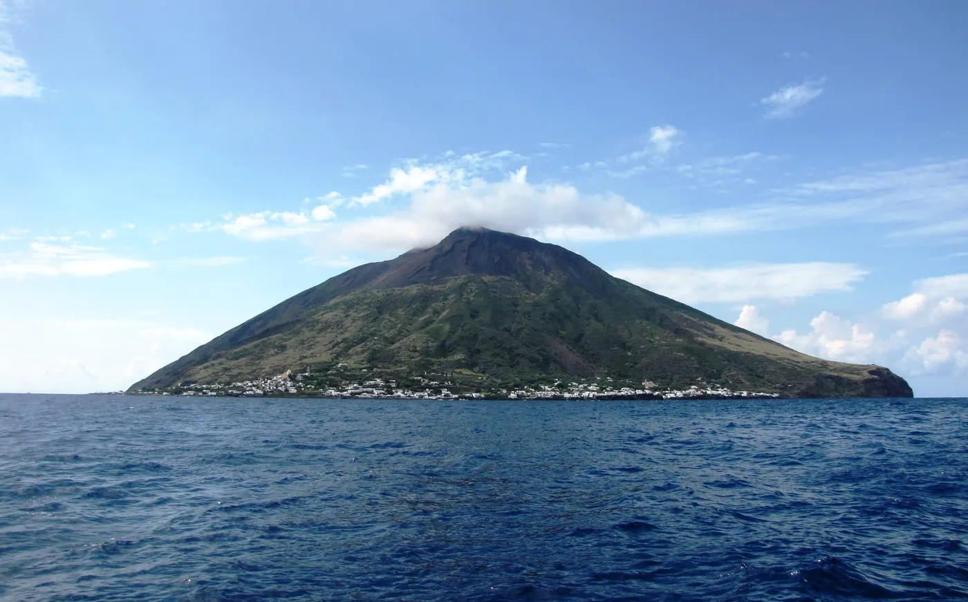 The cone of Stromboli rising from the sea