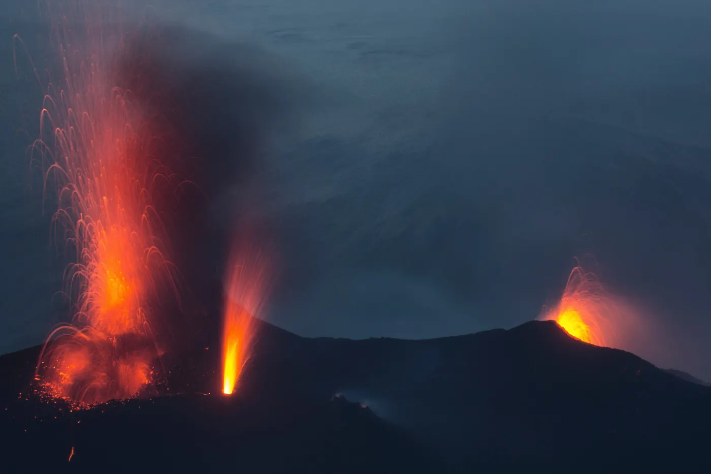 Two vents erupting on Stromboli at night