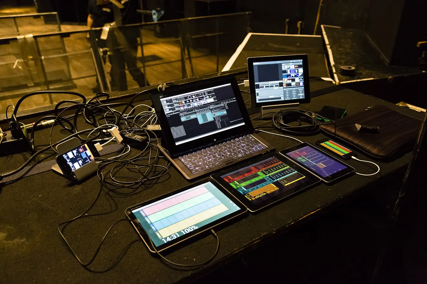 A VJ booth with laptops and tablets at Womb
