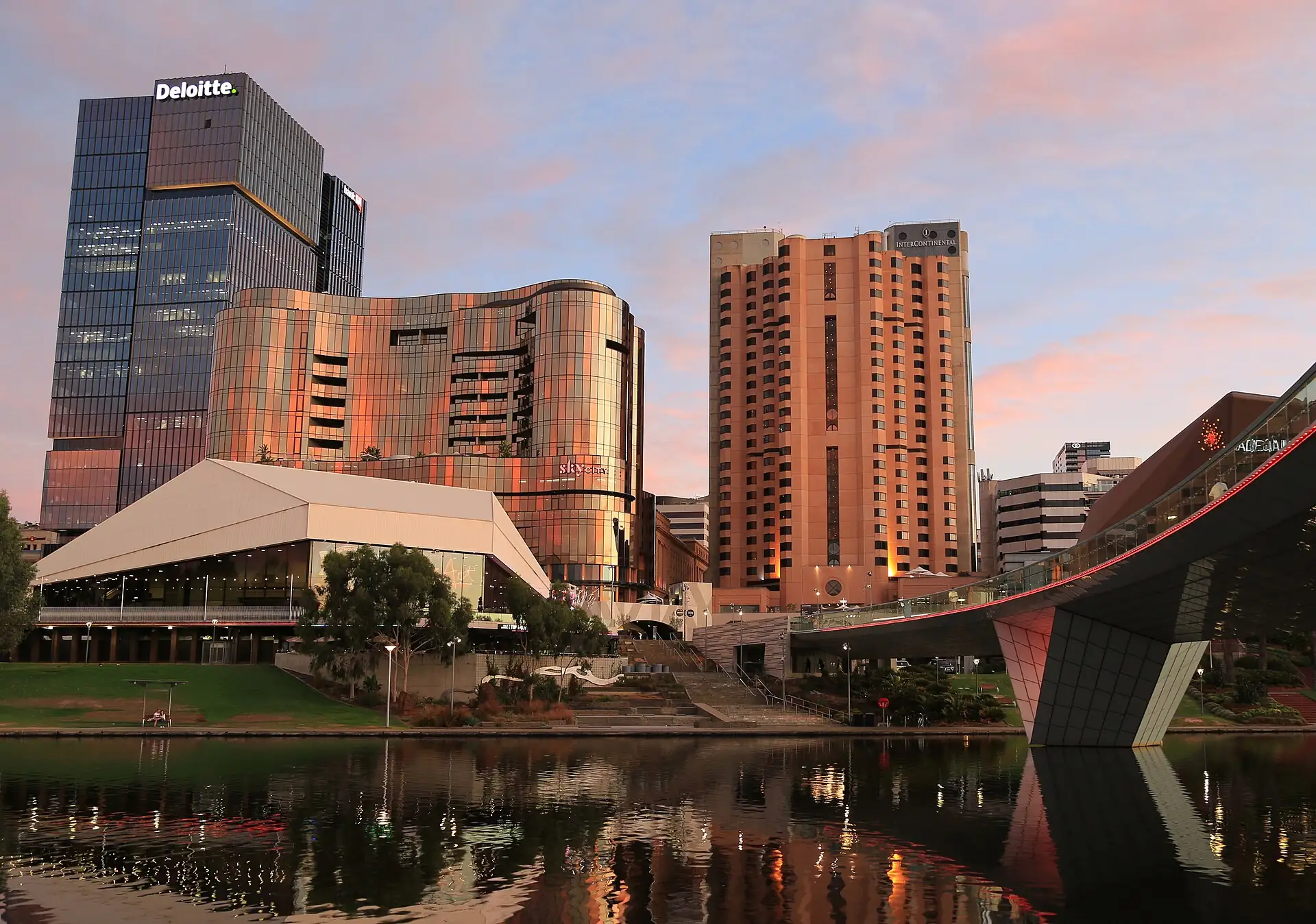The Adelaide Festival Centre beside the river with city towers behind