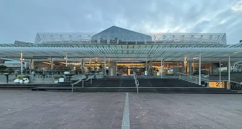 The wide glass front of the Aotea Centre across an empty plaza