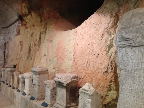 Carved stone niches and columns in a cave-like chamber at Barutana, Belgrade Fortress
