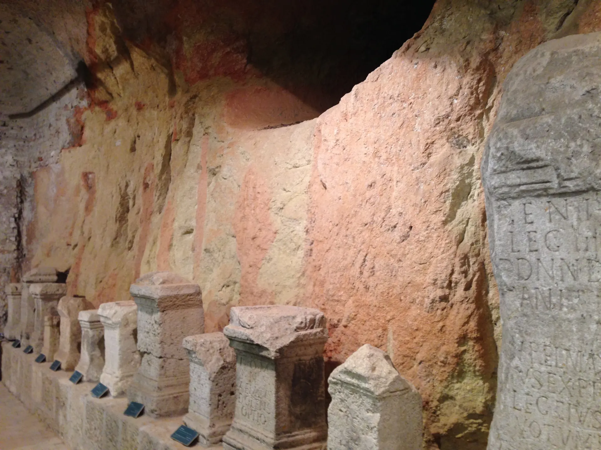 Carved stone niches and columns in a cave-like chamber at Barutana, Belgrade Fortress