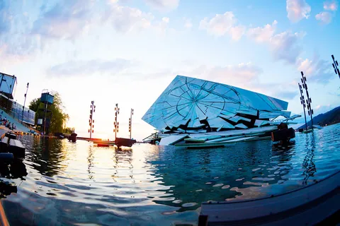 The floating stage at Bregenz with a large angular set on the lake