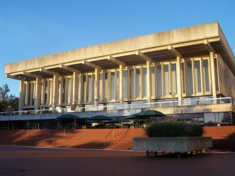 The colonnaded concrete facade of Perth Concert Hall