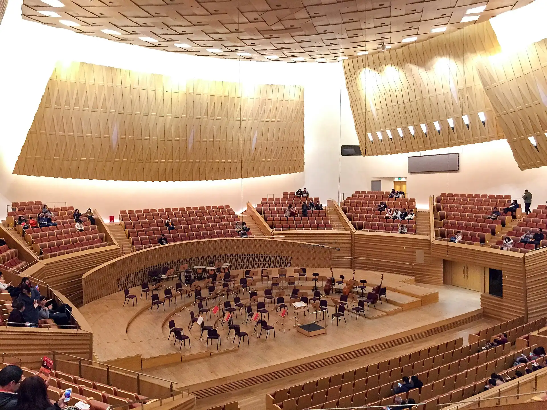 The auditorium of Shanghai Symphony Hall seen from the stage, with terraces of seats