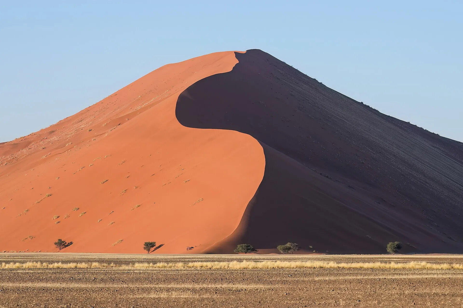 A tall red dune with a sharp shadowed ridge under a blue sky