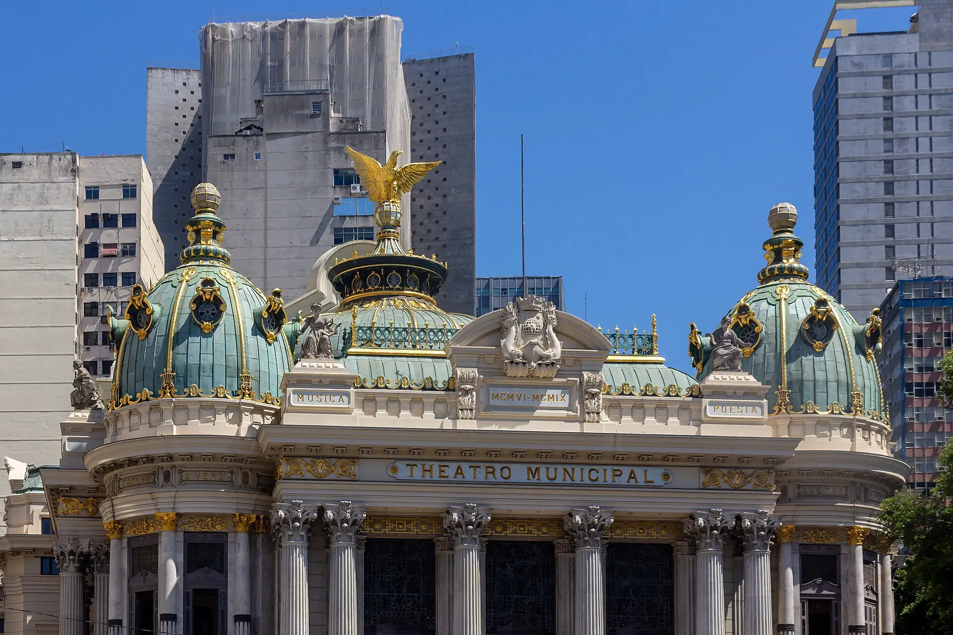 The ornate domed facade of the Theatro Municipal in Rio de Janeiro