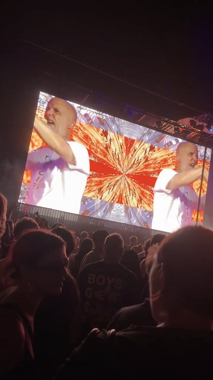 Moby on the stage screens, the crowd in silhouette with hands up