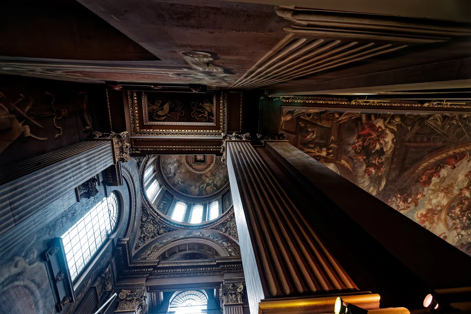 Looking up into the dome and across James Thornhill's painted ceiling in the Painted Hall