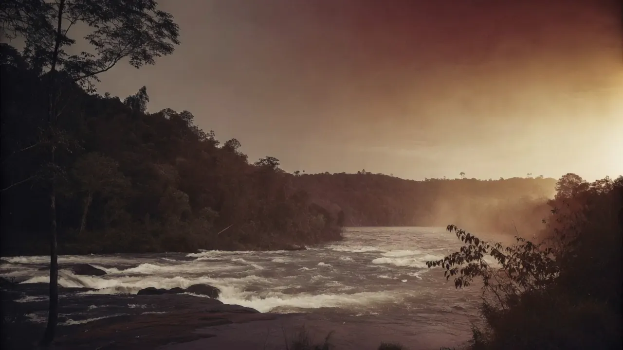 River rapids at dusk under a red-brown sky, wooded banks and mist