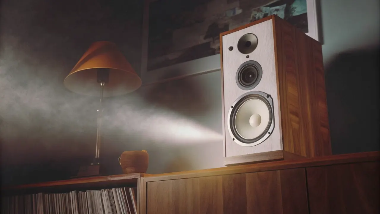A wooden speaker and a lamp above a shelf of records, light and dust in the beam
