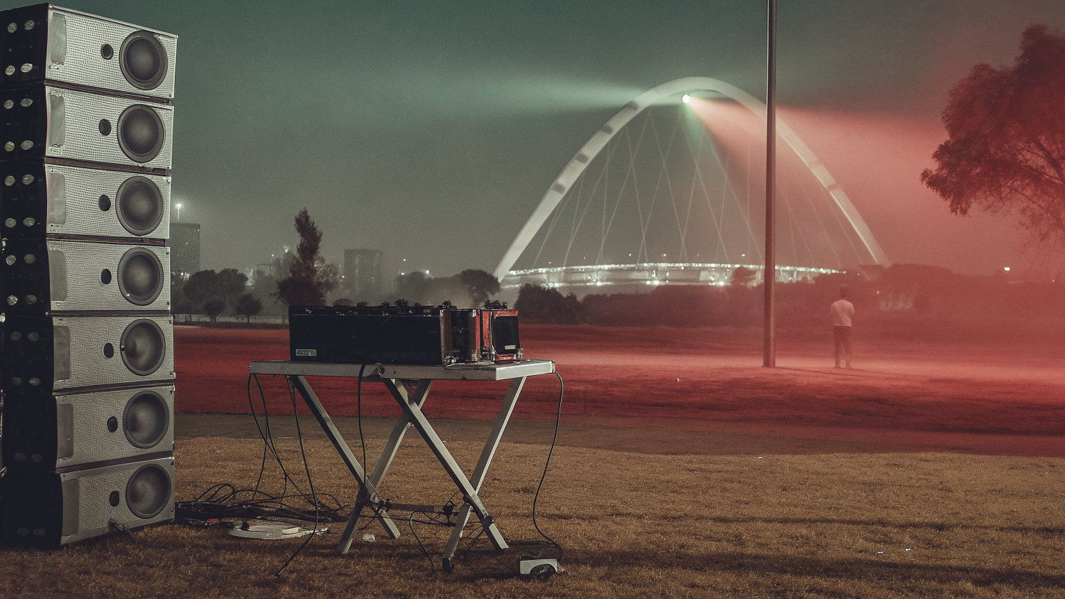 A speaker stack and DJ table on the grass beside Moses Mabhida Stadium in Durban at night, the arch lit through haze.